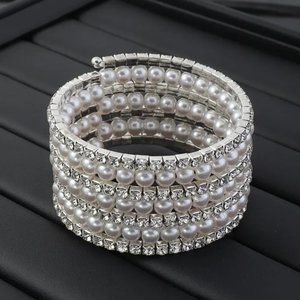 Faux Pearl Rhinestone Wrap Layered Bracelet